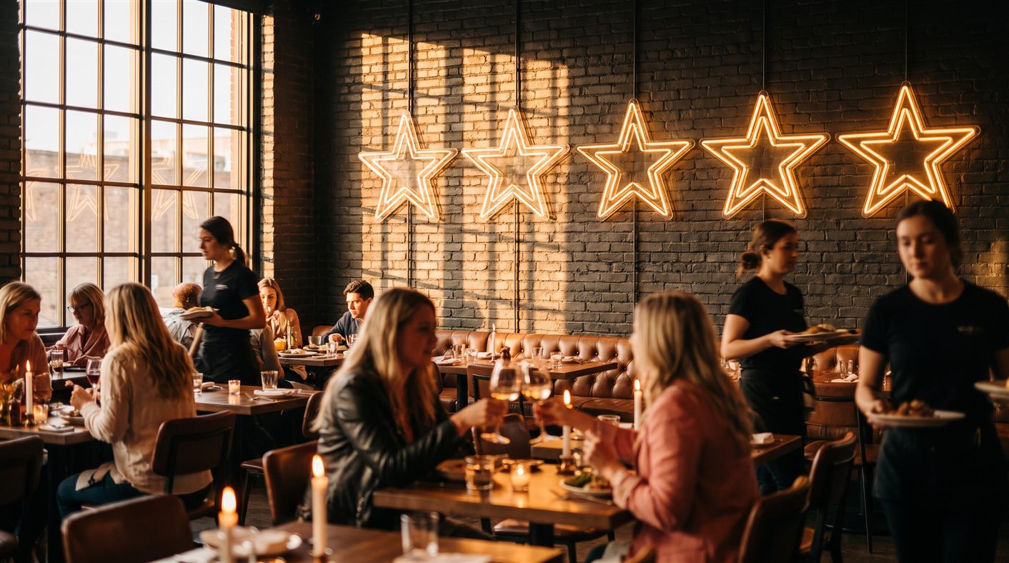 Five-star reviews on autopilot — neon stars above a busy dining room